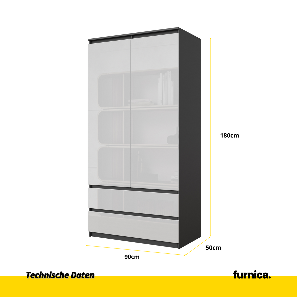 JOELLE - Skriňa s dvomi dverami a dvoma zásuvkami - Antracit / Biely lesk - V180cm Š90cm H50cm (2)
