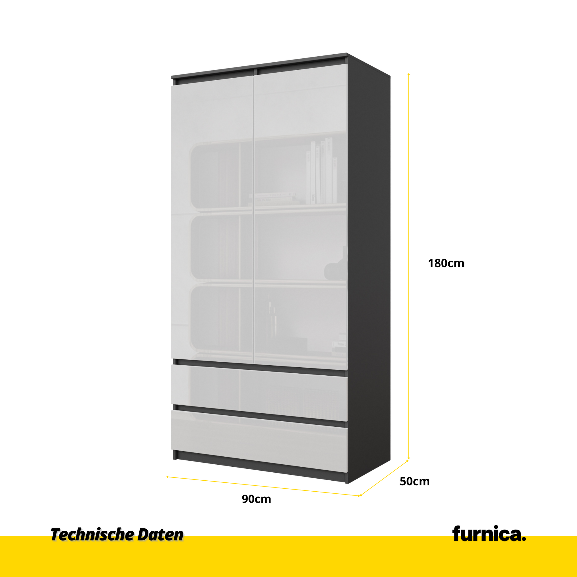 JOELLE - Skriňa s dvomi dverami a dvoma zásuvkami - Antracit / Biely lesk - V180cm Š90cm H50cm (2)
