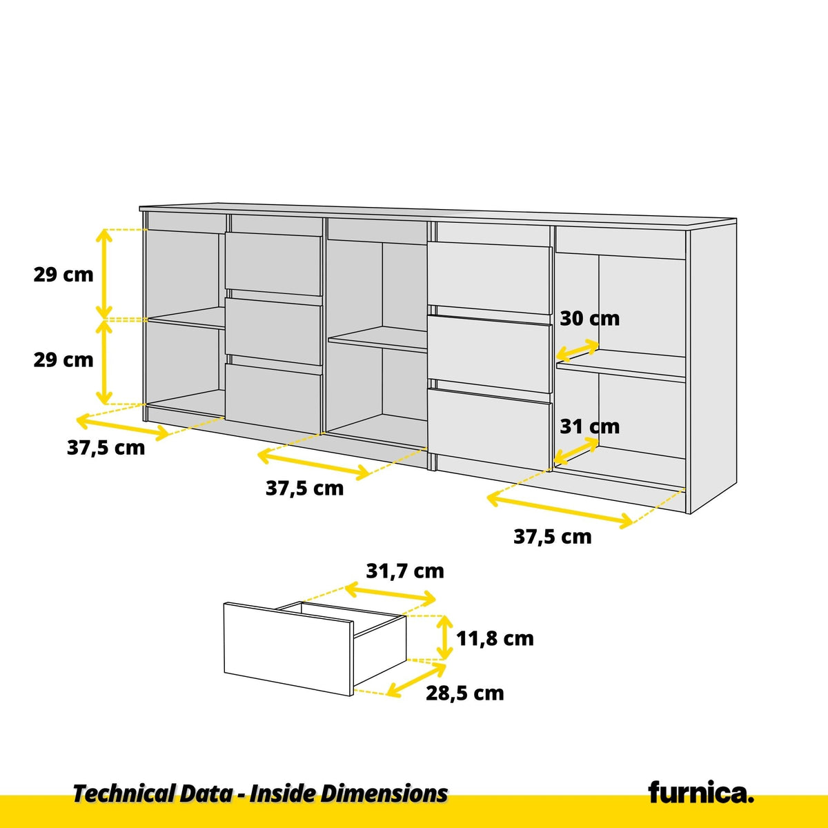 MIKEL - Komoda s 6 zásuvkami a 3 dverami - Skrinka na oblečenie do spálne - Antracit / Biely lesk H75cm W200cm D35cm (6)