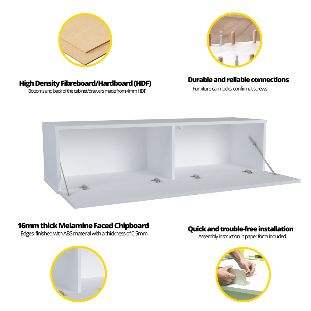 NICOLE - TV stolík s širokými dverami H38cm W140cm D35cm - Biela / Biela lesk