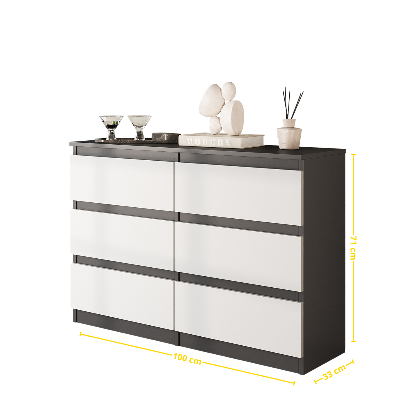 GABRIEL - Komoda s 6 zásuvkami - Skrinka na oblečenie do spálne - Antracit / Biela matná - V71cm Š100cm H33cm (2)