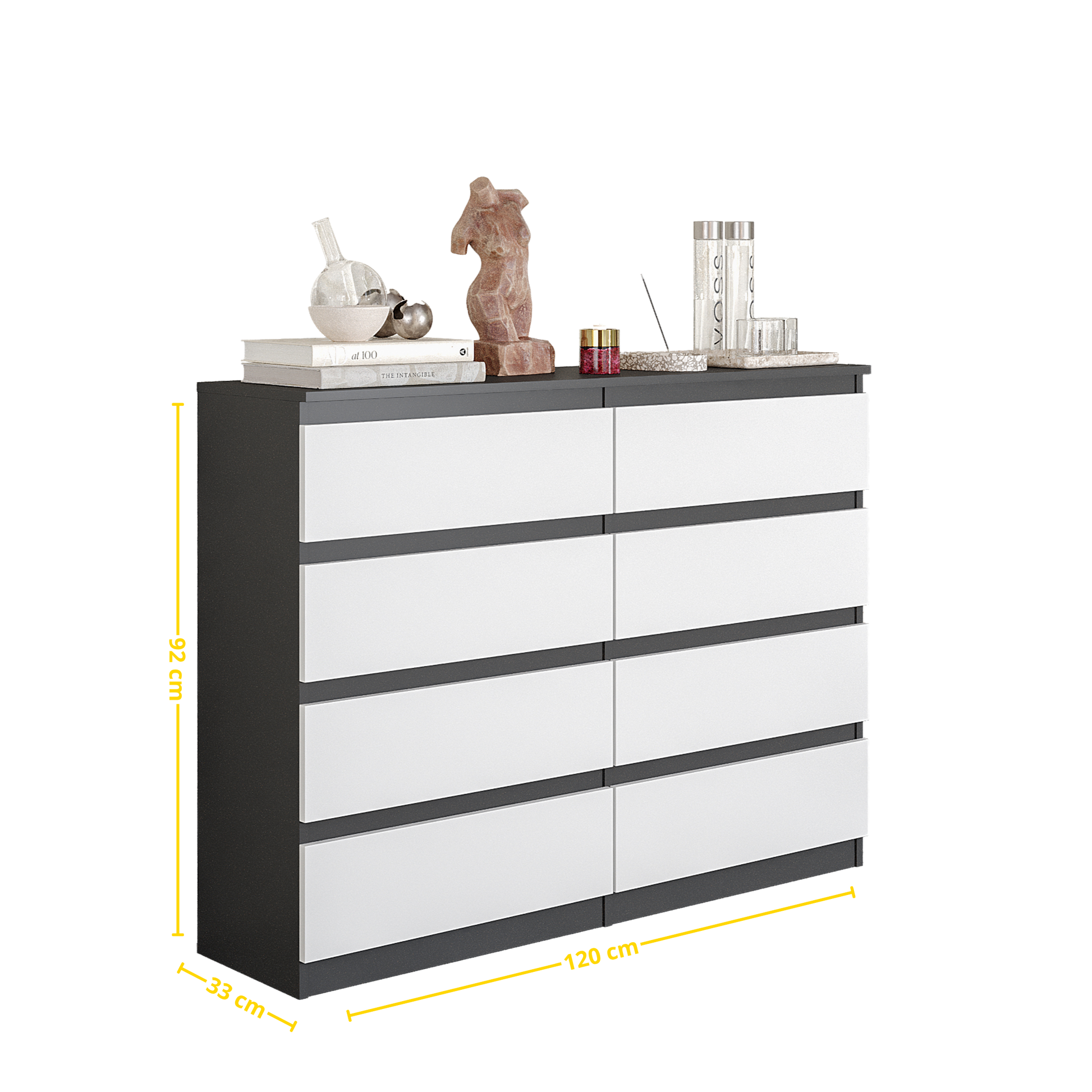 GABRIEL - Komoda s 8 zásuvkami - Skrinka na oblečenie do spálne - Antracit / Biela matná - V92cm Š120cm H33cm (2)