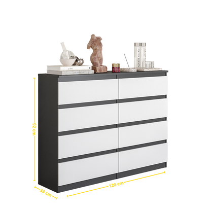 GABRIEL - Komoda s 8 zásuvkami - Skrinka na oblečenie do spálne - Antracit / Biela matná - V92cm Š120cm H33cm (2)