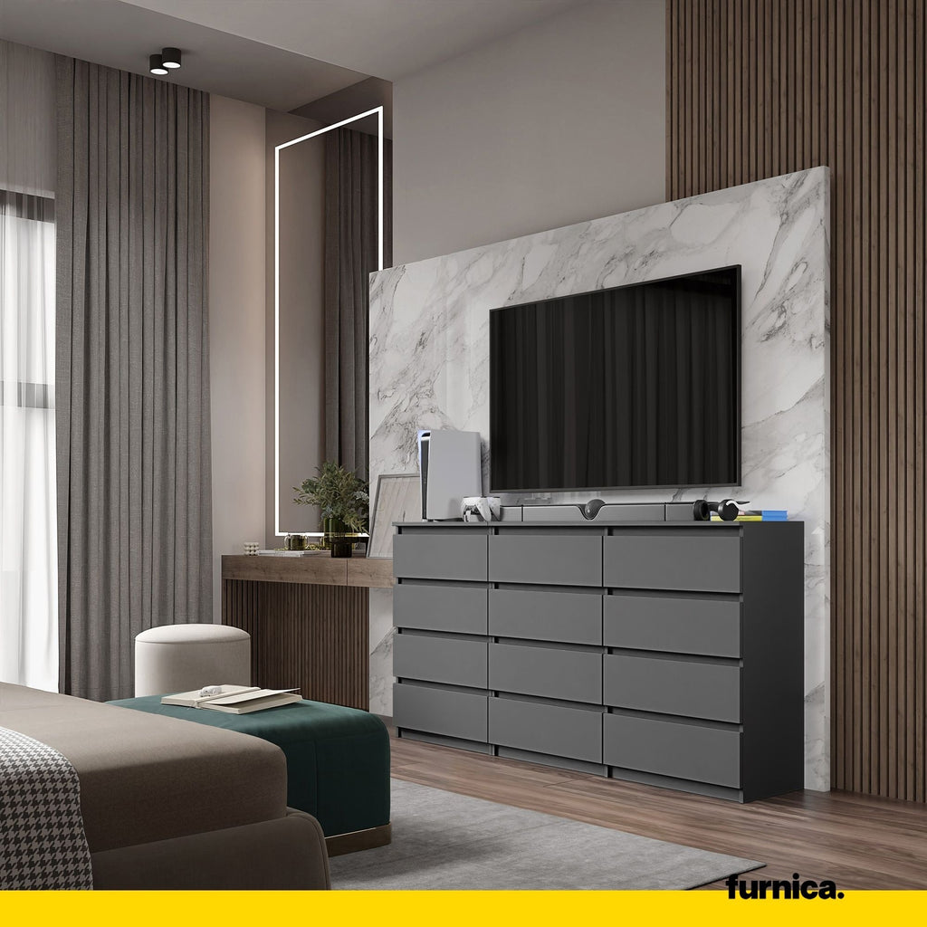 GABRIEL - Komoda s 12 zásuvkami (8+4) - Skrinka na oblečenie do spálne - Anthracitová - Výška 92 cm, šírka 180 cm, hĺbka 33 cm.