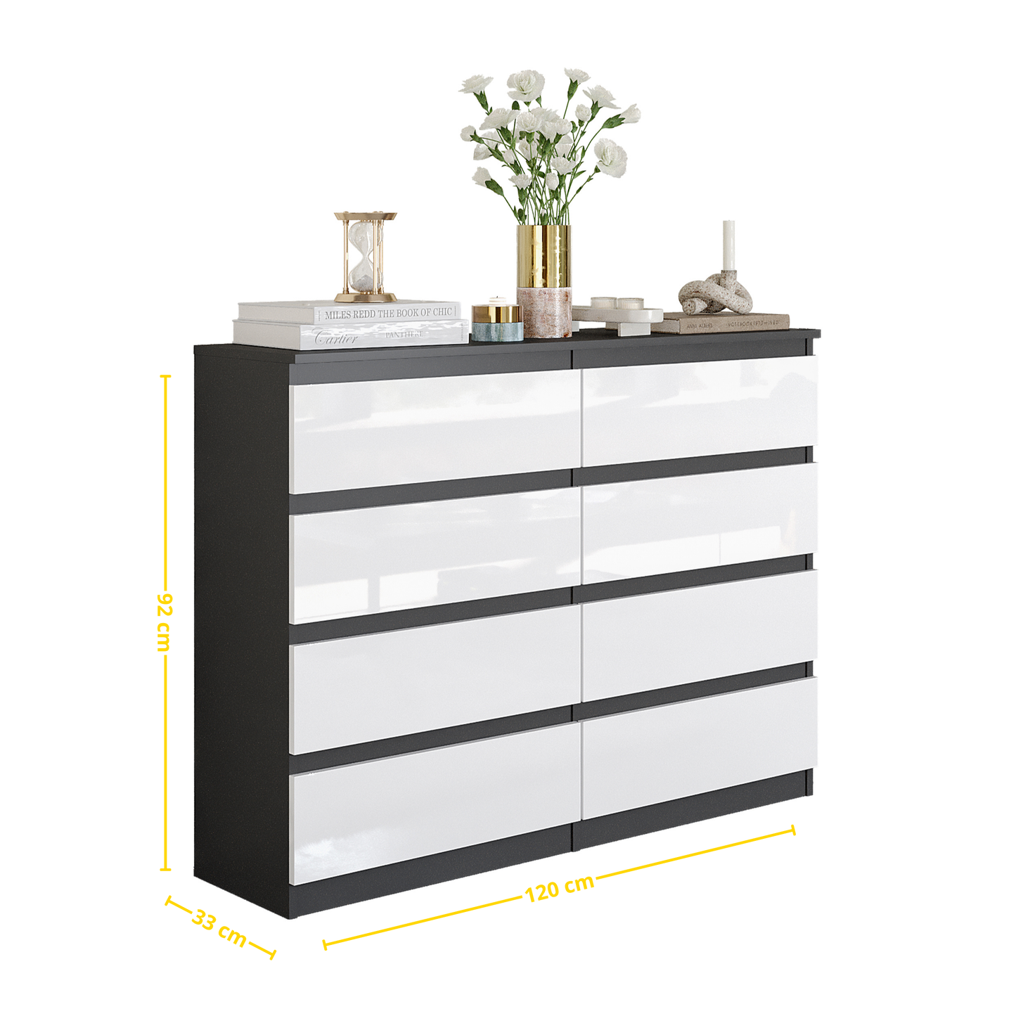 GABRIEL - Komoda s 8 zásuvkami - Skrinka na oblečenie do spálne - Antracit / Biely lesk - V92cm Š120cm H33cm (2)