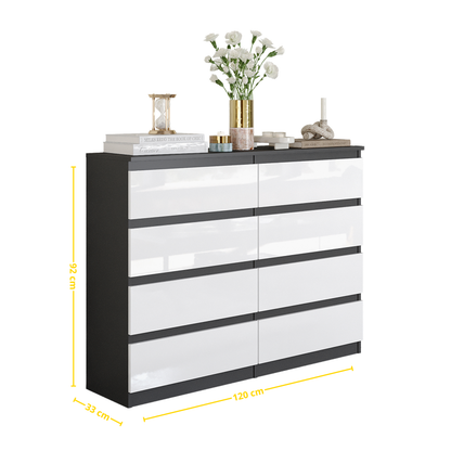 GABRIEL - Komoda s 8 zásuvkami - Skrinka na oblečenie do spálne - Antracit / Biely lesk - V92cm Š120cm H33cm (2)