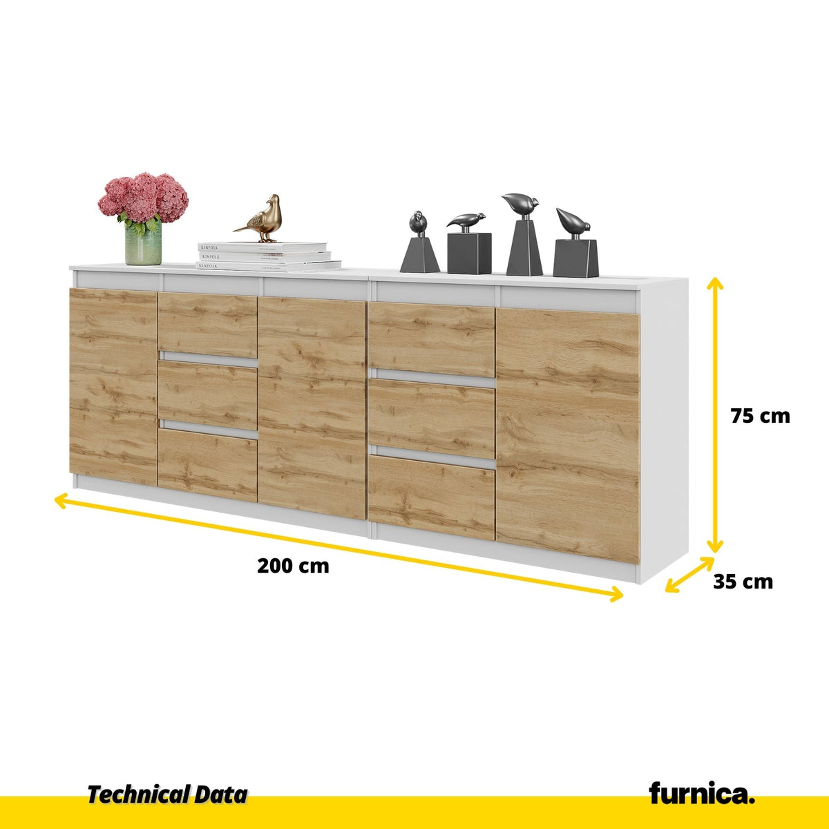MIKEL - Komoda s 6 zásuvkami a 3 dverami - Skrinka na oblečenie do spálne - Biela matná/Wotan dub - V75cm Š200cm H35cm (2)
