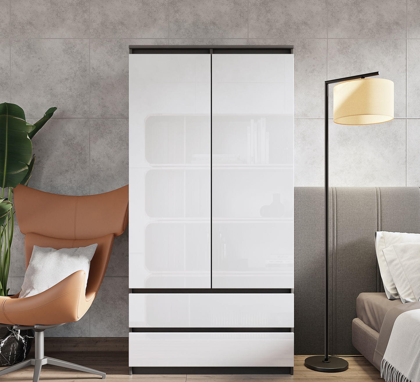 JOELLE - Skriňa s dvomi dverami a dvoma zásuvkami - Antracit / Biely lesk - V180cm Š90cm H50cm (3)