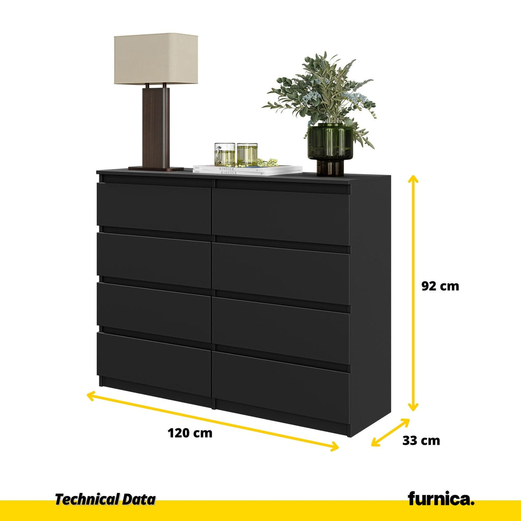 GABRIEL - Komoda s 8 zásuvkami - Skrinka na oblečenie do spálne - Čierna matná - Výška 92 cm, šírka 120 cm, hĺbka 33 cm.