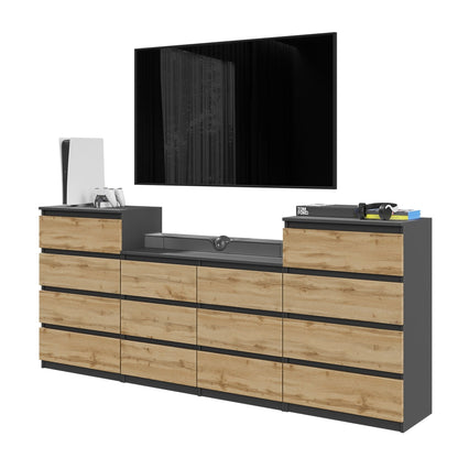 GABRIEL - Komoda s 14 zásuvkami (4+6+4) - Skrinka na oblečenie do spálne - Antracit / Wotan dub H92cm Š220cm H33cm – Furnica