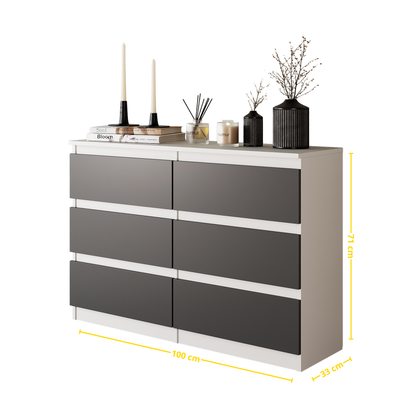 GABRIEL - Komoda s 6 zásuvkami - Skrinka na oblečenie do spálne - Biela matná / Antracit - V71cm Š100cm H33cm (2)