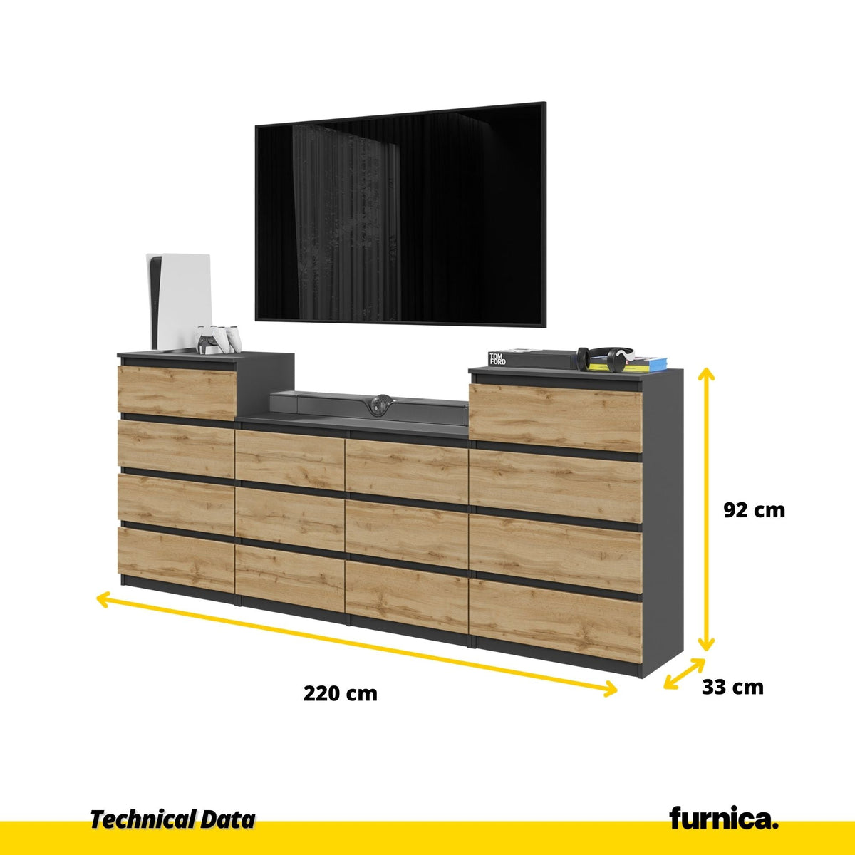 GABRIEL - Komoda s 14 zásuvkami (4+6+4) - Skrinka na oblečenie do spálne - Antracit / Wotan dub H92cm Š220cm H33cm (2)