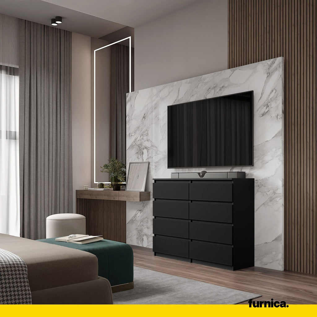 GABRIEL - Komoda s 8 zásuvkami - Skrinka na oblečenie do spálne - Čierna matná - Výška 92 cm, šírka 120 cm, hĺbka 33 cm.