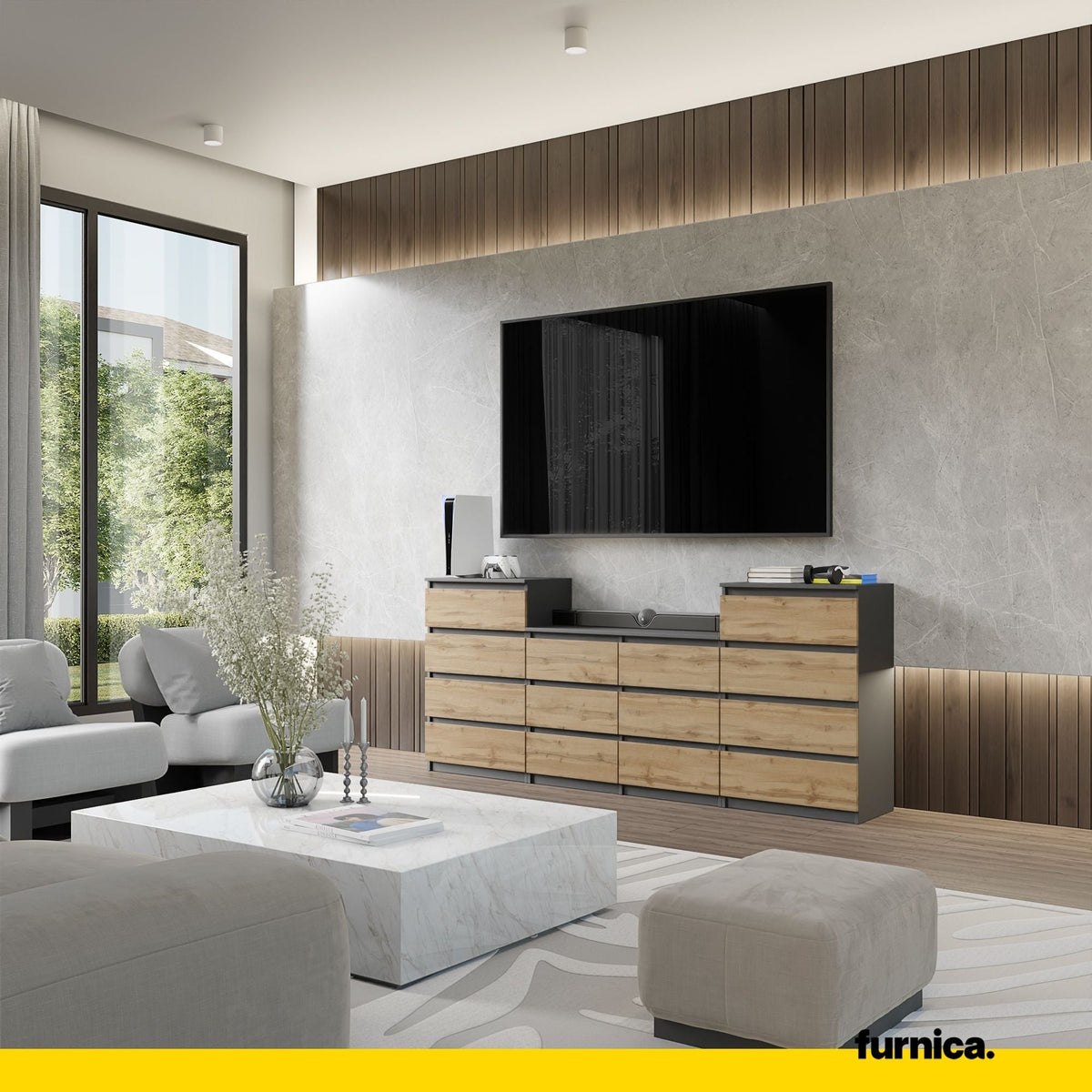 GABRIEL - Komoda s 14 zásuvkami (4+6+4) - Skrinka na oblečenie do spálne - Antracit / Wotan dub H92cm Š220cm H33cm (3)