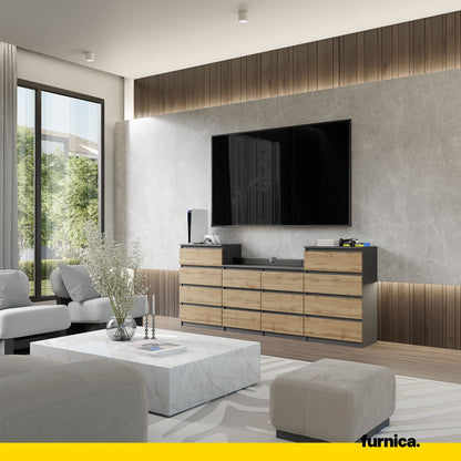 GABRIEL - Komoda s 14 zásuvkami (4+6+4) - Skrinka na oblečenie do spálne - Antracit / Wotan dub H92cm Š220cm H33cm (3)