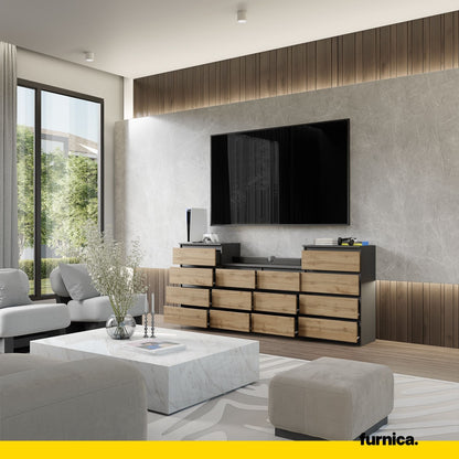 GABRIEL - Komoda s 14 zásuvkami (4+6+4) - Skrinka na oblečenie do spálne - Antracit / Wotan dub H92cm Š220cm H33cm (4)