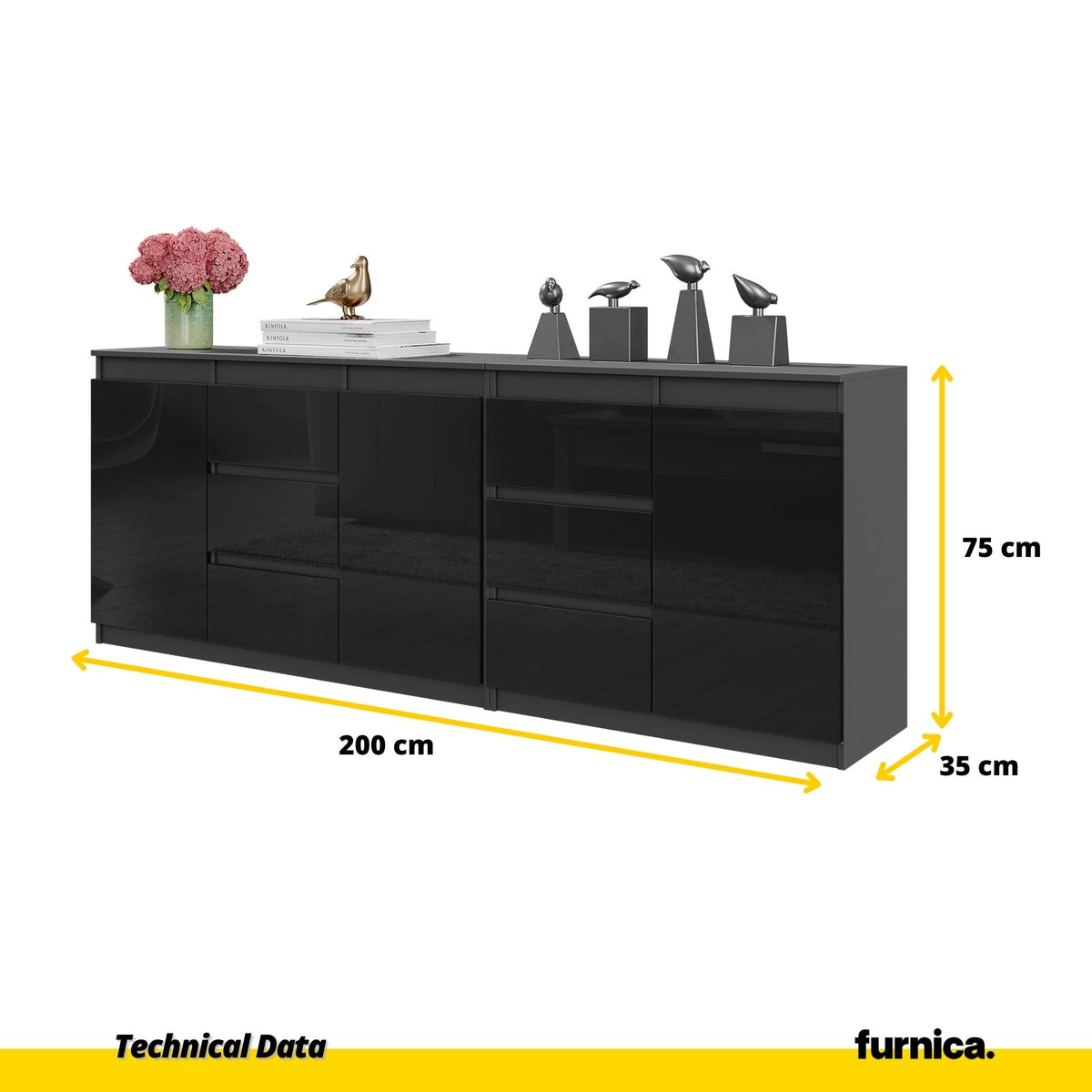 MIKEL - Komoda s 6 zásuvkami a 3 dverami - Skrinka na oblečenie do spálne - Antracit / Čierny lesk H75cm W200cm D35cm (2)
