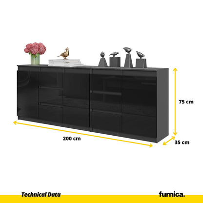 MIKEL - Komoda s 6 zásuvkami a 3 dverami - Skrinka na oblečenie do spálne - Antracit / Čierny lesk H75cm W200cm D35cm (2)