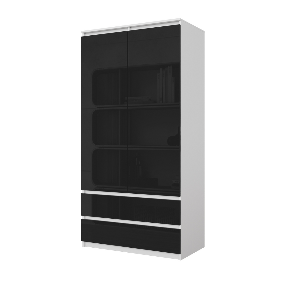 JOELLE - Skriňa s dvomi dverami a dvoma zásuvkami - Biela matná / Čierny lesk - V180cm Š90cm H50cm