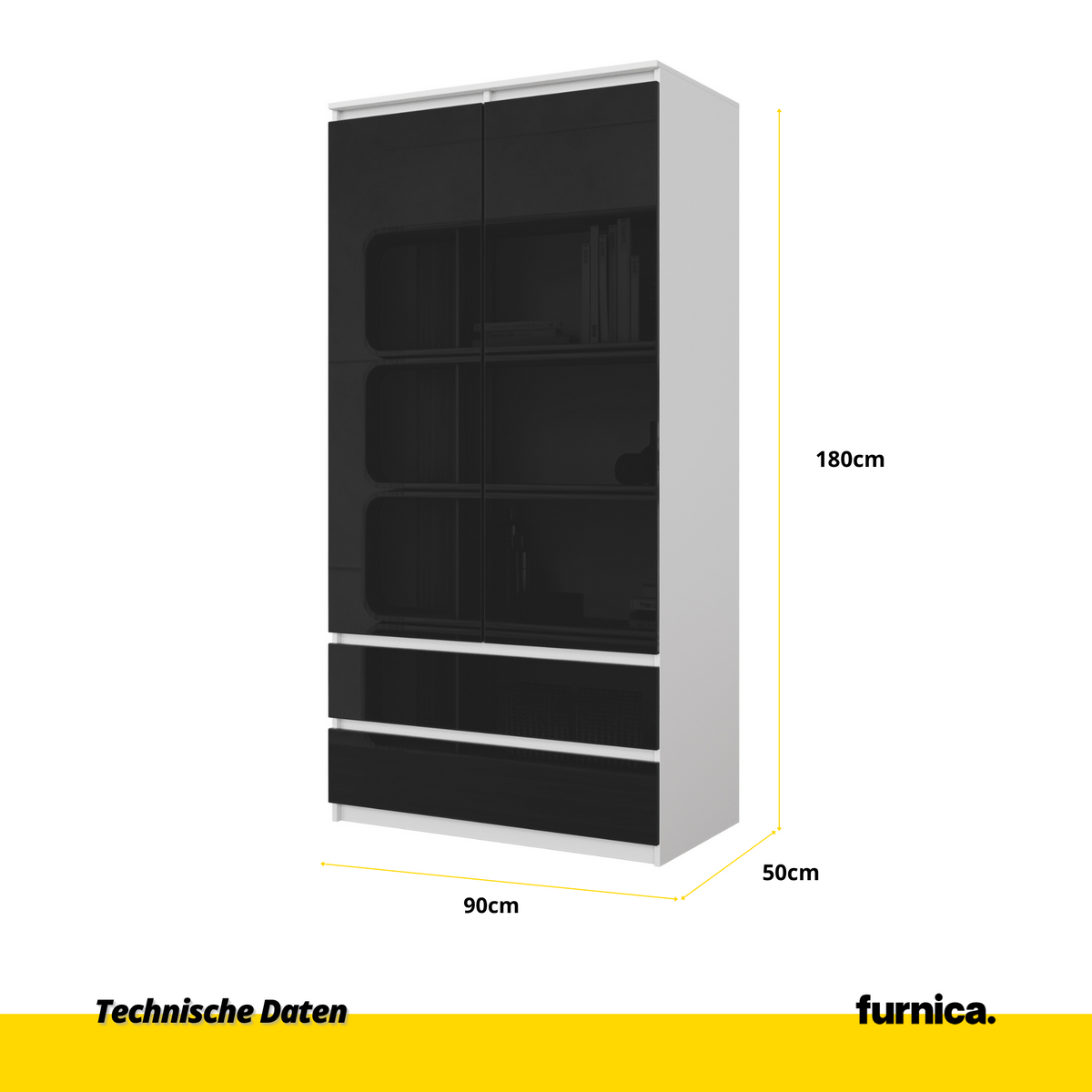JOELLE - Skriňa s dvomi dverami a dvoma zásuvkami - Biela matná / Čierny lesk - V180cm Š90cm H50cm (2)