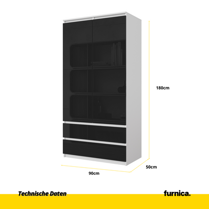 JOELLE - Skriňa s dvomi dverami a dvoma zásuvkami - Biela matná / Čierny lesk - V180cm Š90cm H50cm (2)