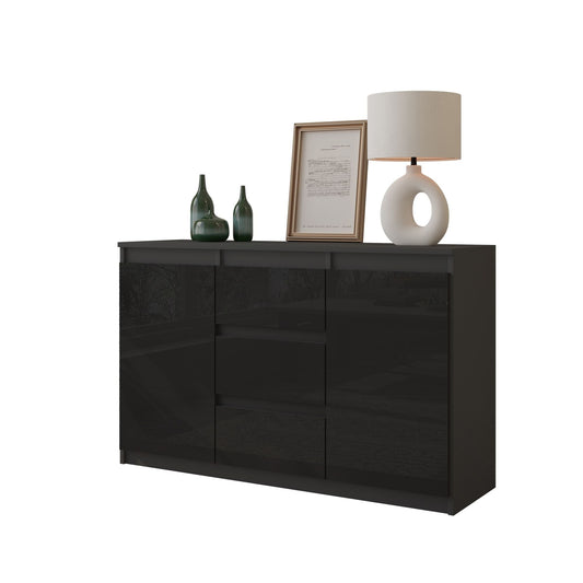 MIKEL - Komoda s 3 zásuvkami a 2 dverami - Skrinka na oblečenie do spálne - Antracit / Čierny lesk H75cm W120cm D35cm