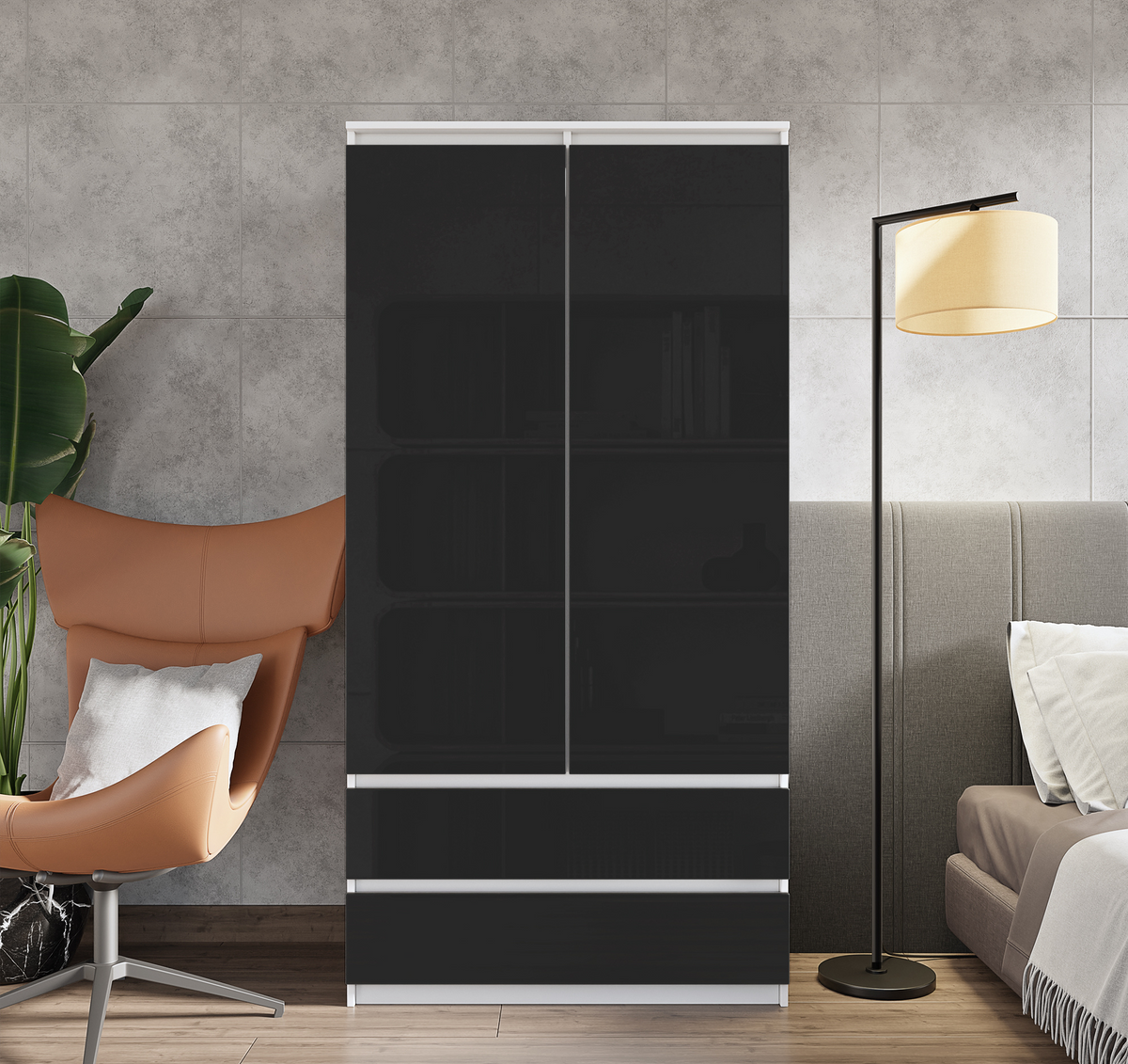JOELLE - Skriňa s dvomi dverami a dvoma zásuvkami - Biela matná / Čierny lesk - V180cm Š90cm H50cm (3)