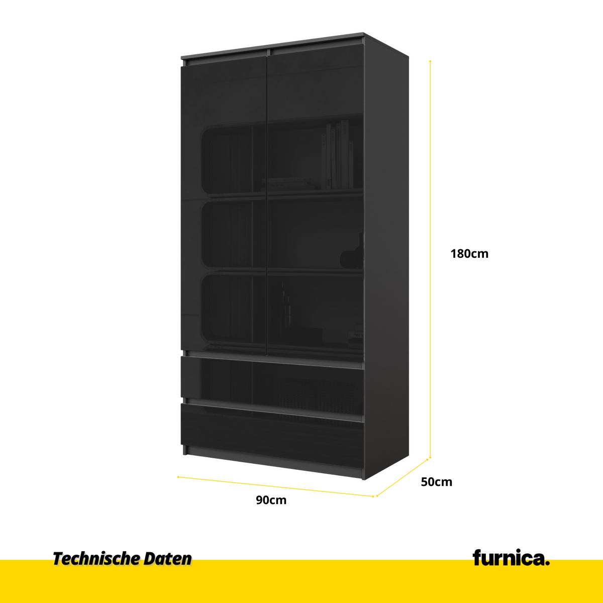JOELLE - Skriňa s dvomi dverami a dvoma zásuvkami - Antracit / Čierny lesk - V180cm Š90cm H50cm (2) – Furnica