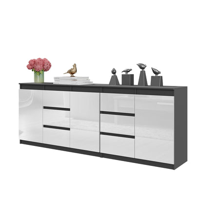MIKEL - Komoda s 6 zásuvkami a 3 dverami - Skrinka na oblečenie do spálne - Antracit / Biely lesk H75cm W200cm D35cm