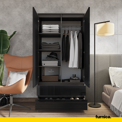JOELLE - Skriňa s dvomi dverami a dvoma zásuvkami - Antracit / Čierny lesk - V180cm Š90cm H50cm (4) – Furnica
