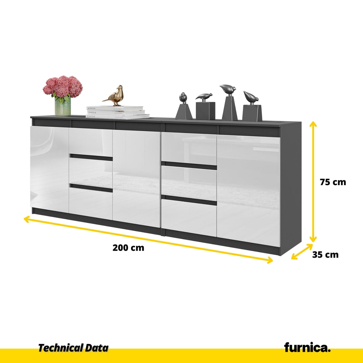 MIKEL - Komoda s 6 zásuvkami a 3 dverami - Skrinka na oblečenie do spálne - Antracit / Biely lesk H75cm W200cm D35cm (2)