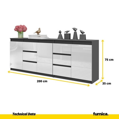MIKEL - Komoda s 6 zásuvkami a 3 dverami - Skrinka na oblečenie do spálne - Antracit / Biely lesk H75cm W200cm D35cm (2)