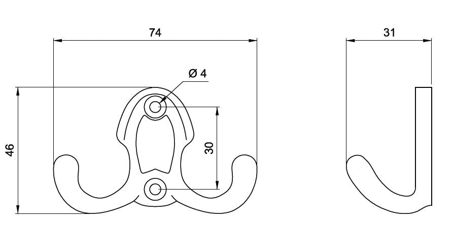 Dvojitý háčik na plášť - 46 mm - starožitná mosadz (2) – Furnica
