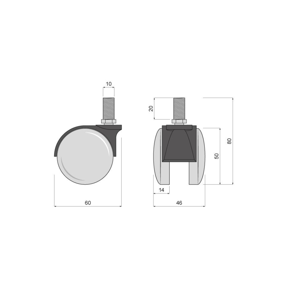 Plastové otočné koleso na nábytok s roscou 10 mm - Ø60 mm