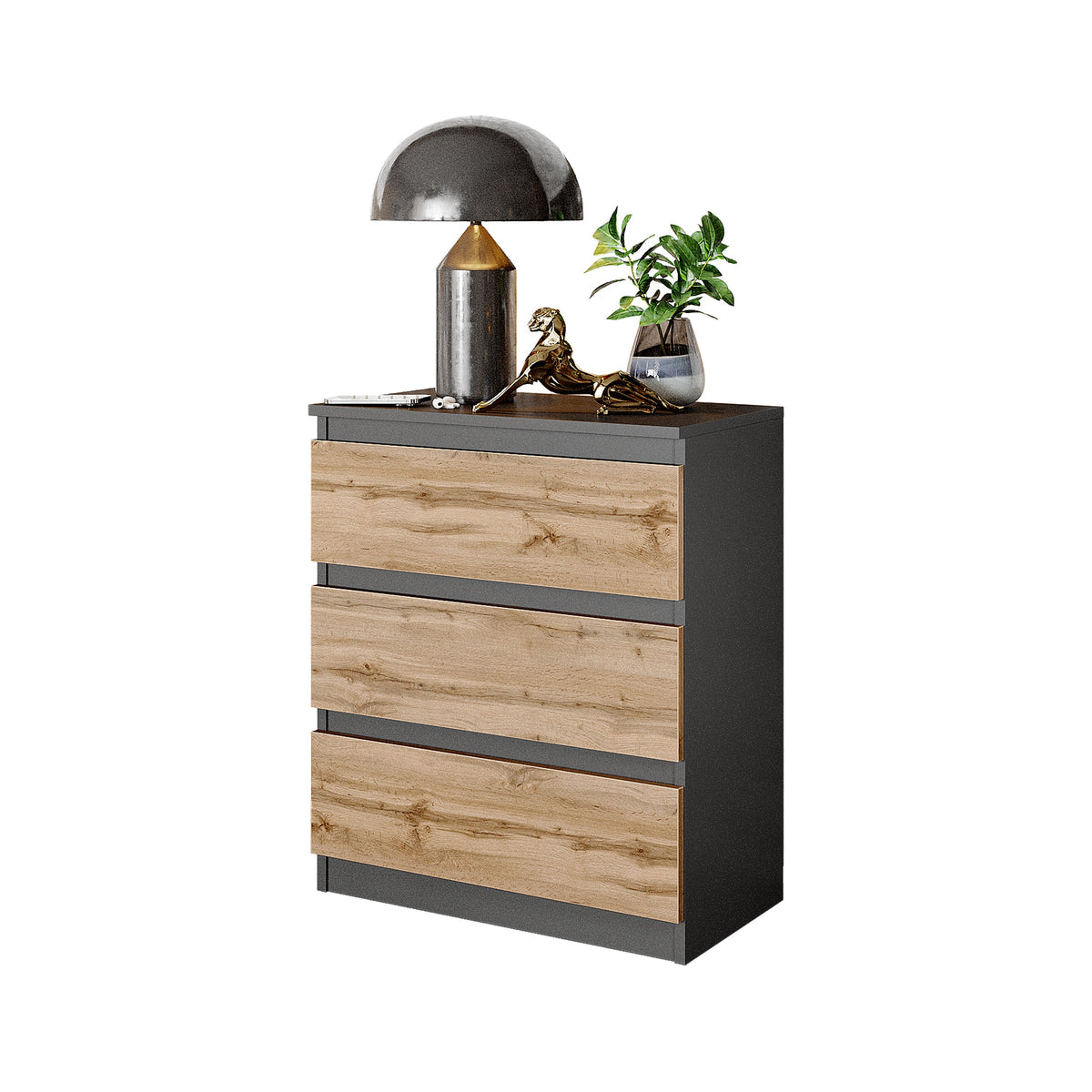 GABRIEL - Komoda s 3 zásuvkami - Skrinka na oblečenie do spálne - Antracit / Dub Wotan - V72cm Š60cm H33cm