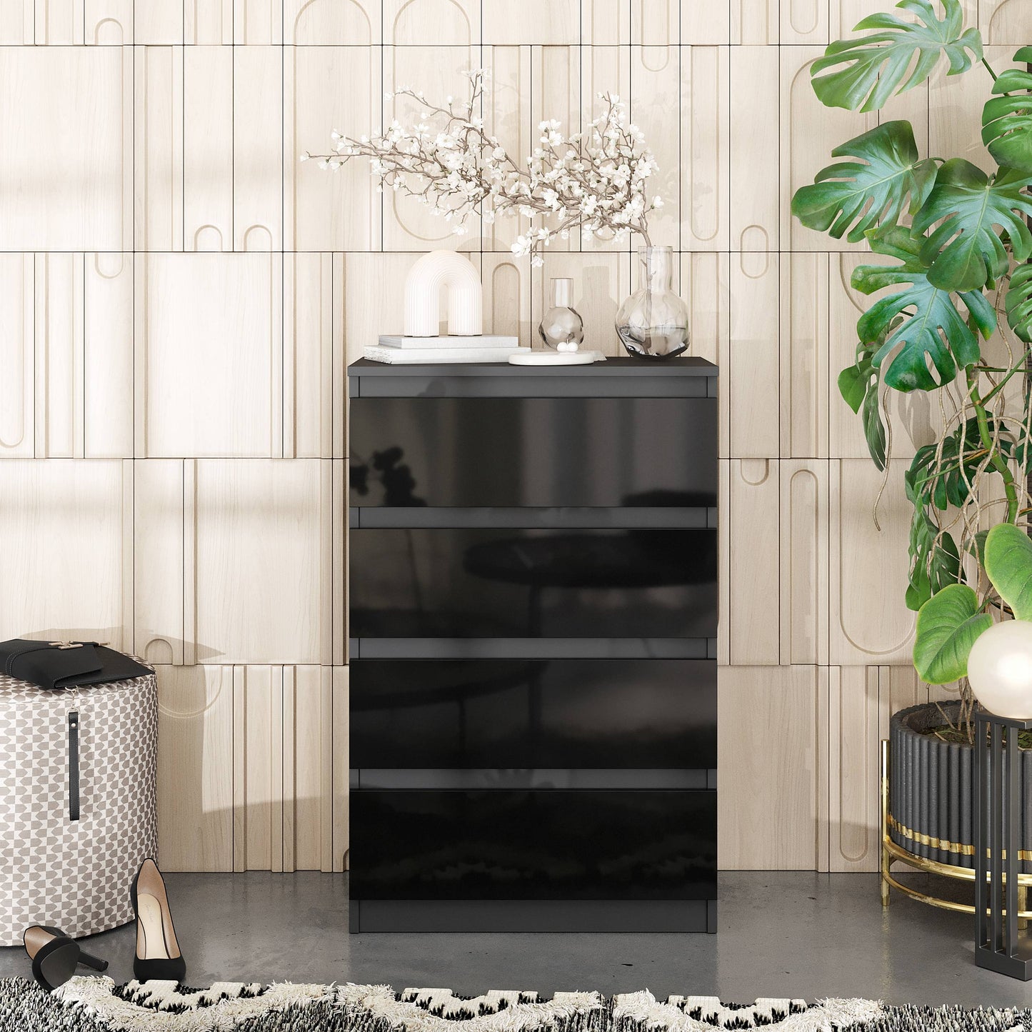 GABRIEL - Komoda s 4 zásuvkami - Skrinka na oblečenie do spálne - Antracit / Čierny lesk - V92cm Š60cm H33cm (3)