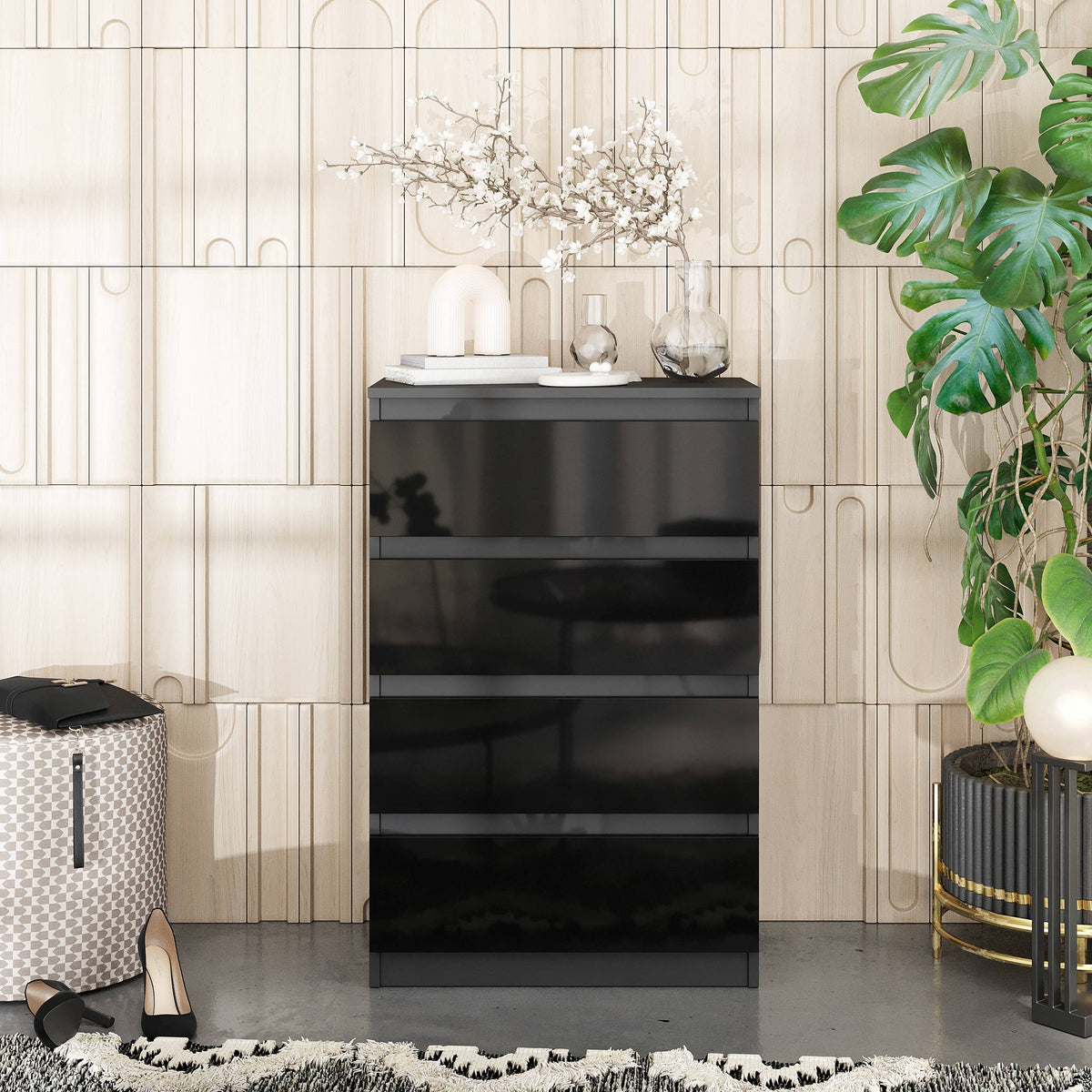 GABRIEL - Komoda s 4 zásuvkami - Skrinka na oblečenie do spálne - Antracit / Čierny lesk - V92cm Š60cm H33cm (3)