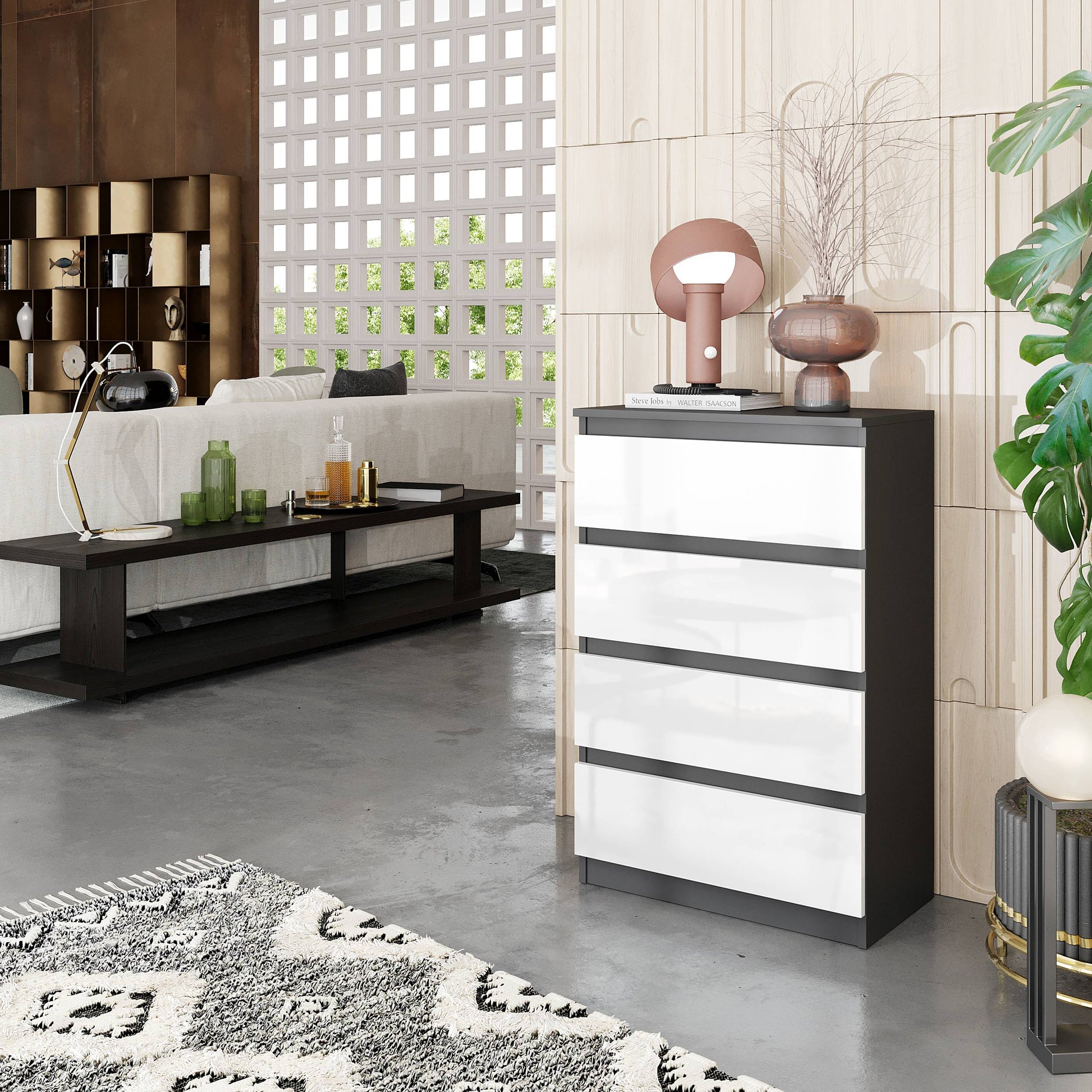 GABRIEL - Komoda s 4 zásuvkami - Skrinka na oblečenie do spálne - Antracit / Biely lesk - V92cm Š60cm H33cm (4)