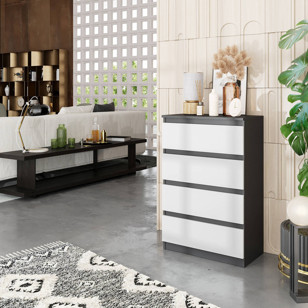 GABRIEL - Komoda s 4 zásuvkami - Skrinka na oblečenie do spálne - Antracit / Biela matná - V92cm Š60cm H33cm (4)