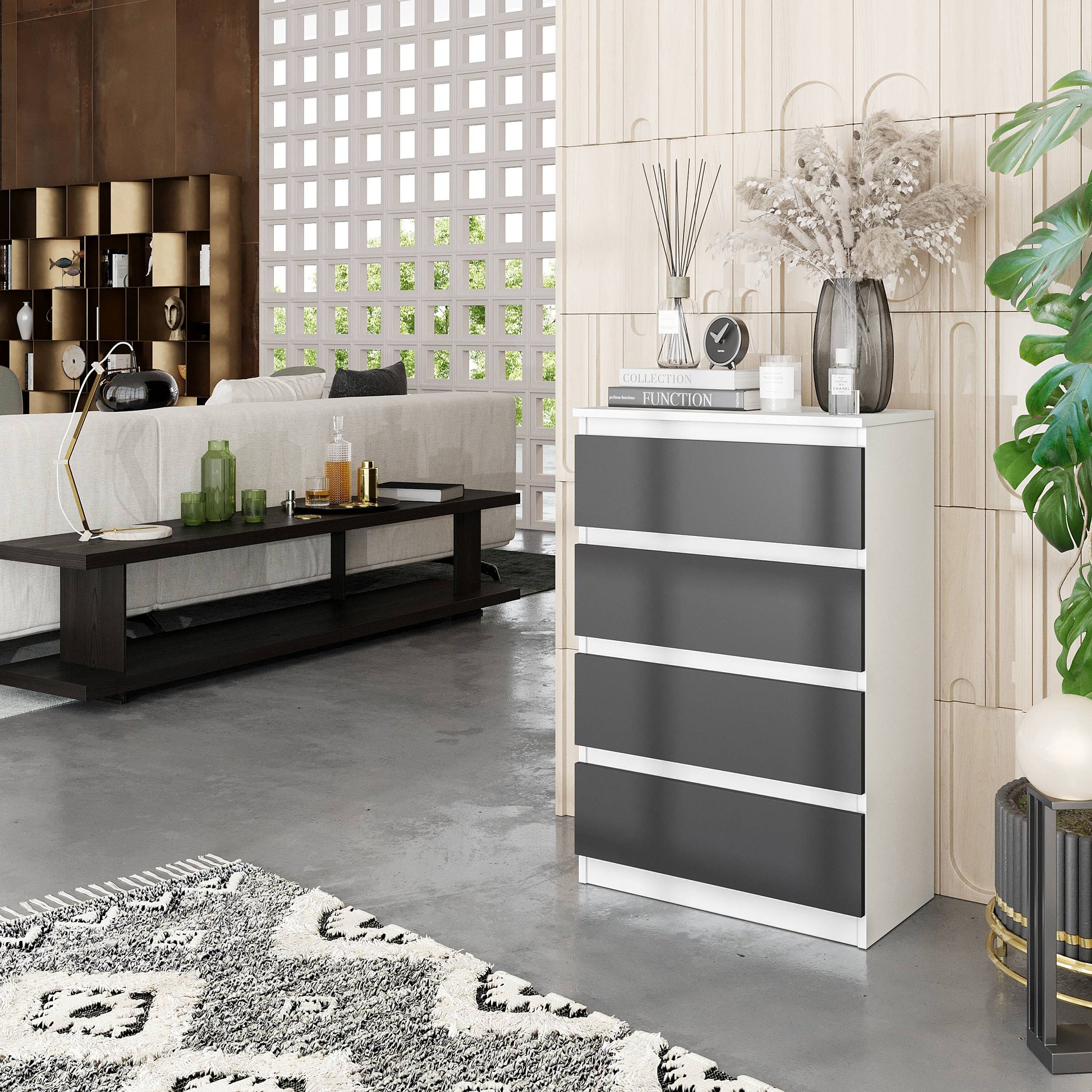 GABRIEL - Komoda s 4 zásuvkami - Skrinka na oblečenie do spálne - Biela matná / Antracit - V92cm Š60cm H33cm (4)