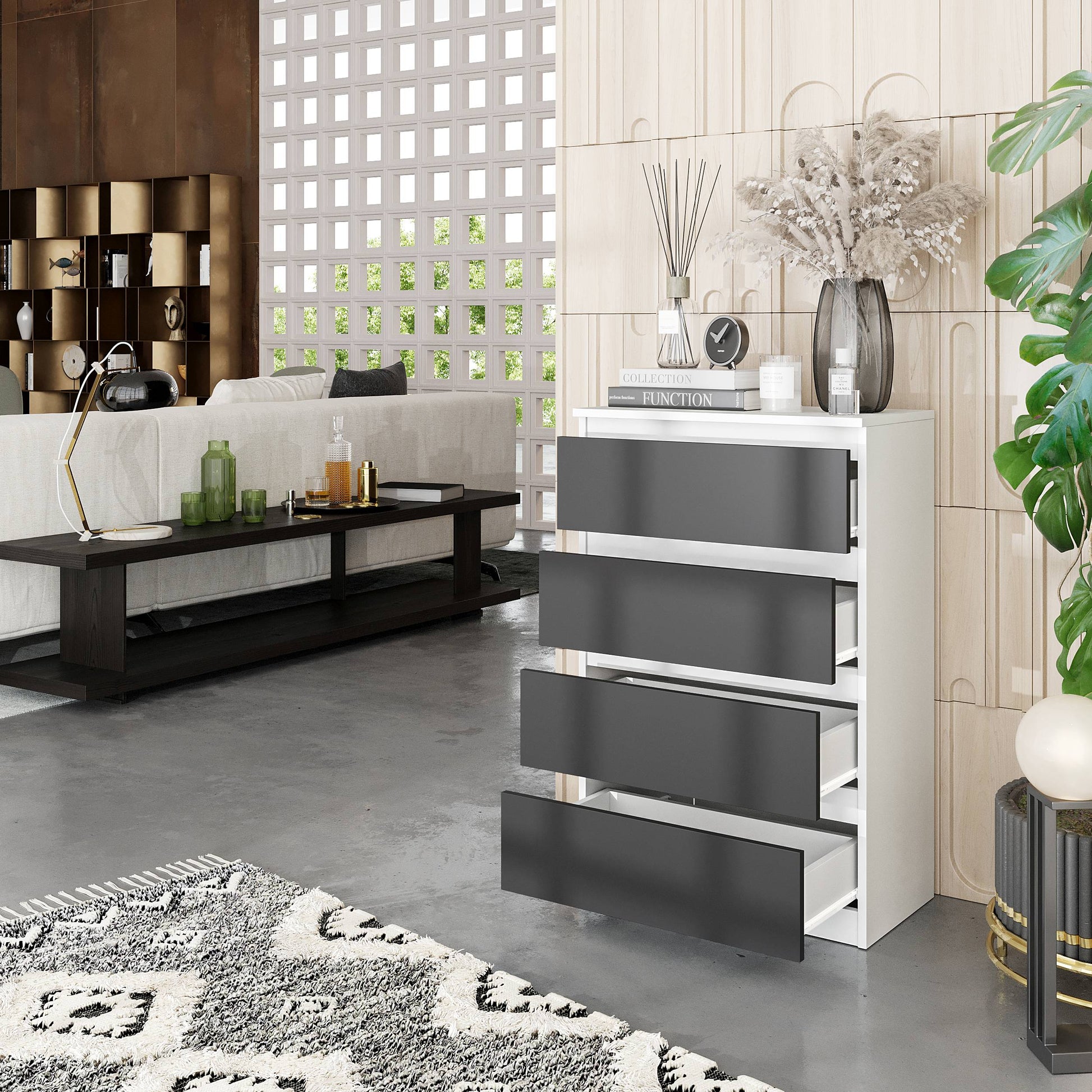 GABRIEL - Komoda s 4 zásuvkami - Skrinka na oblečenie do spálne - Biela matná / Antracit - V92cm Š60cm H33cm (5)
