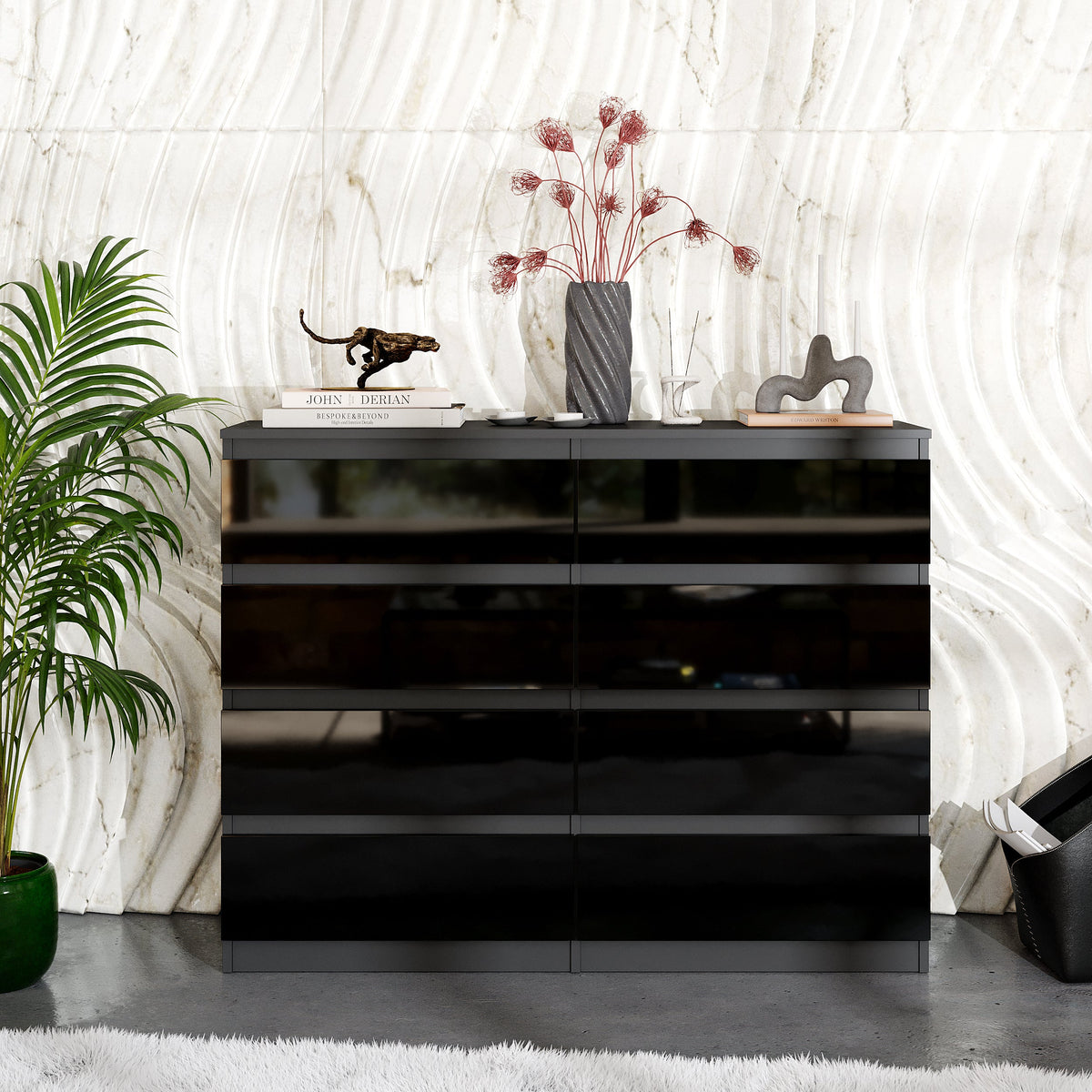 GABRIEL - Komoda s 8 zásuvkami - Skrinka na oblečenie do spálne - Antracit / Čierny lesk - V92cm Š120cm H33cm (2)