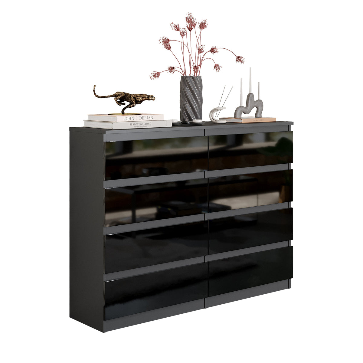 GABRIEL - Komoda s 8 zásuvkami - Skrinka na oblečenie do spálne - Antracit / Čierny lesk - V92cm Š120cm H33cm
