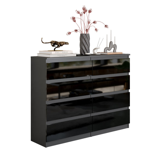 GABRIEL - Komoda s 8 zásuvkami - Skrinka na oblečenie do spálne - Antracit / Čierny lesk - V92cm Š120cm H33cm