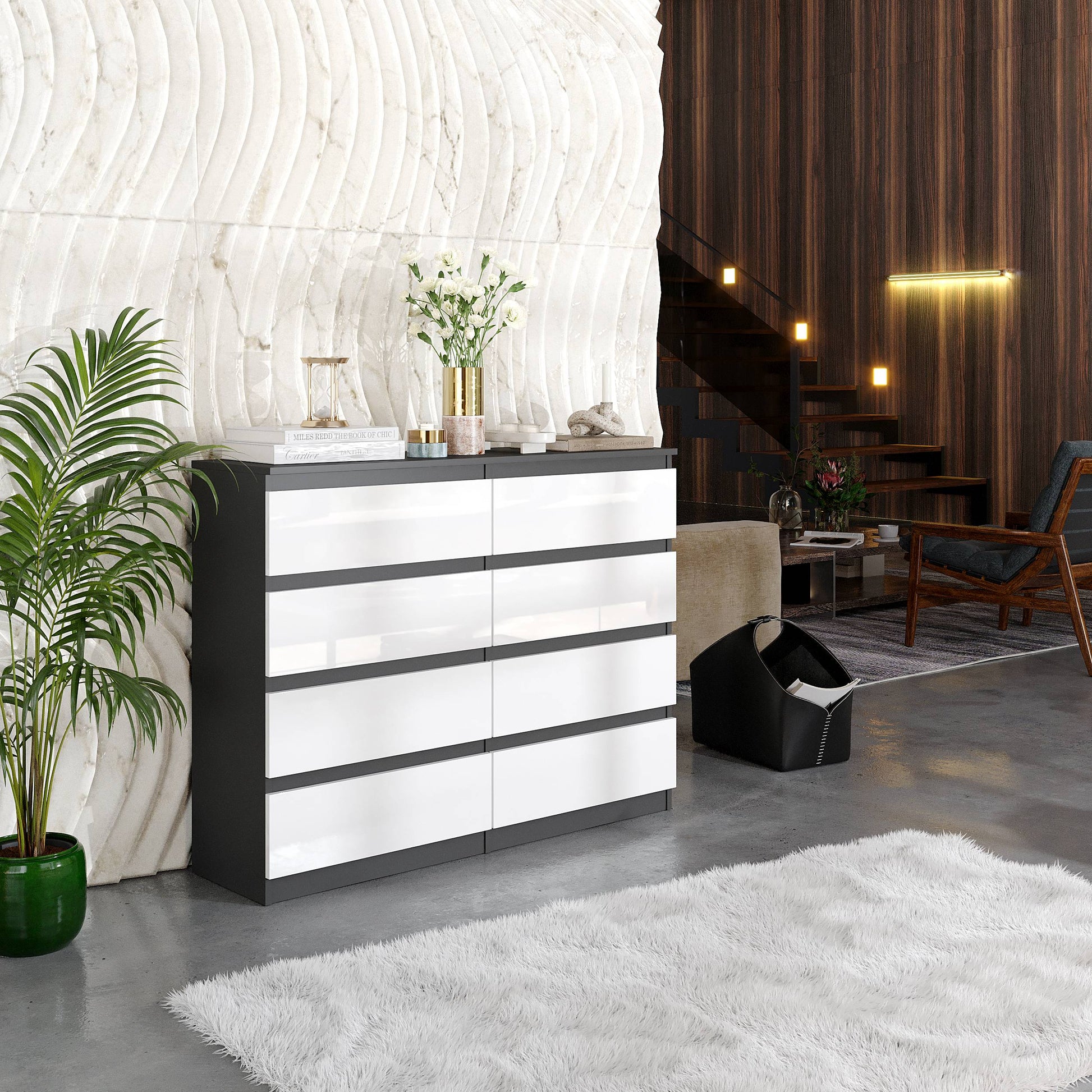GABRIEL - Komoda s 8 zásuvkami - Skrinka na oblečenie do spálne - Antracit / Biely lesk - V92cm Š120cm H33cm (4)