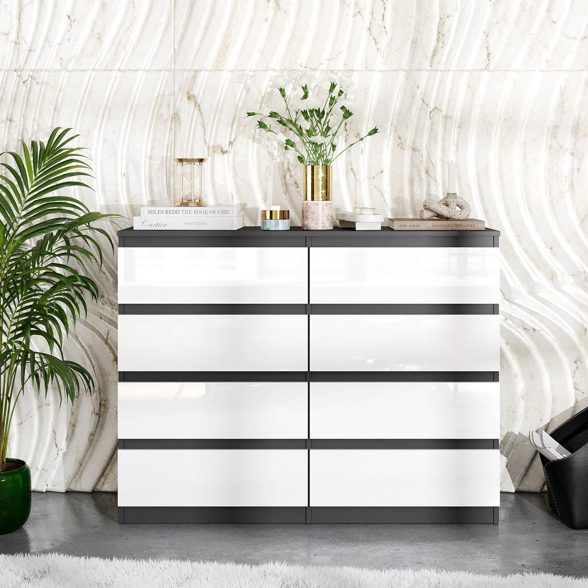 GABRIEL - Komoda s 8 zásuvkami - Skrinka na oblečenie do spálne - Antracit / Biely lesk - V92cm Š120cm H33cm (3)