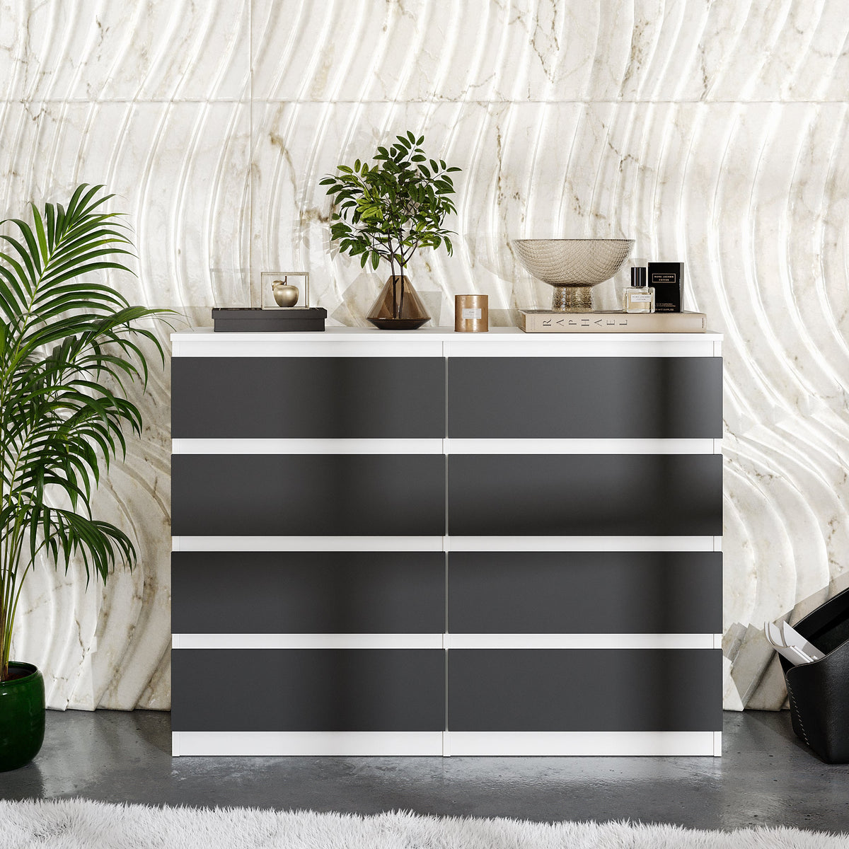 GABRIEL - Komoda s 8 zásuvkami - Skrinka na oblečenie do spálne - Biela matná / Antracit - V92cm Š120cm H33cm (2)