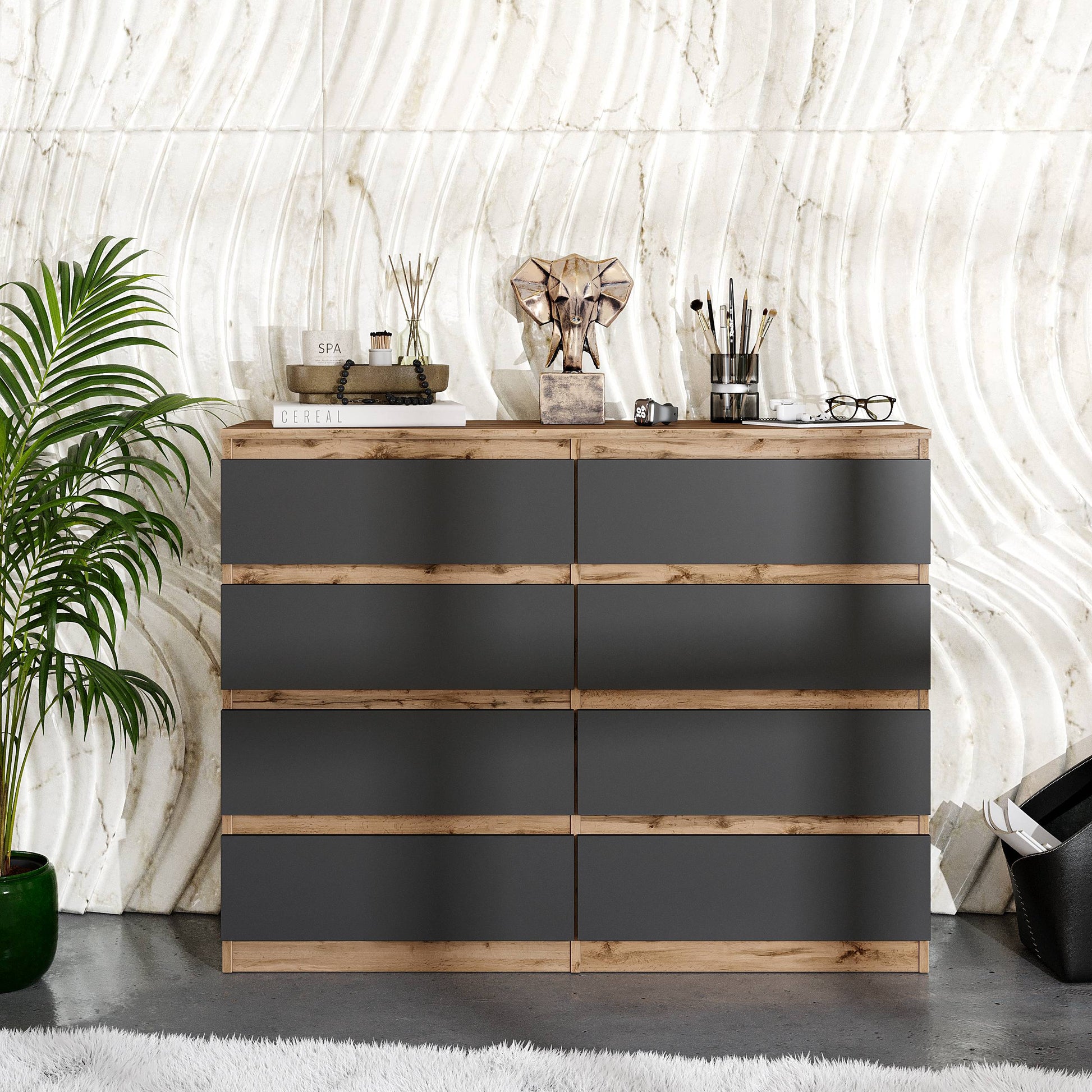 GABRIEL - Komoda s 8 zásuvkami - Skrinka na oblečenie do spálne - Dub Wotan / Antracit - V92cm Š120cm H33cm (3)