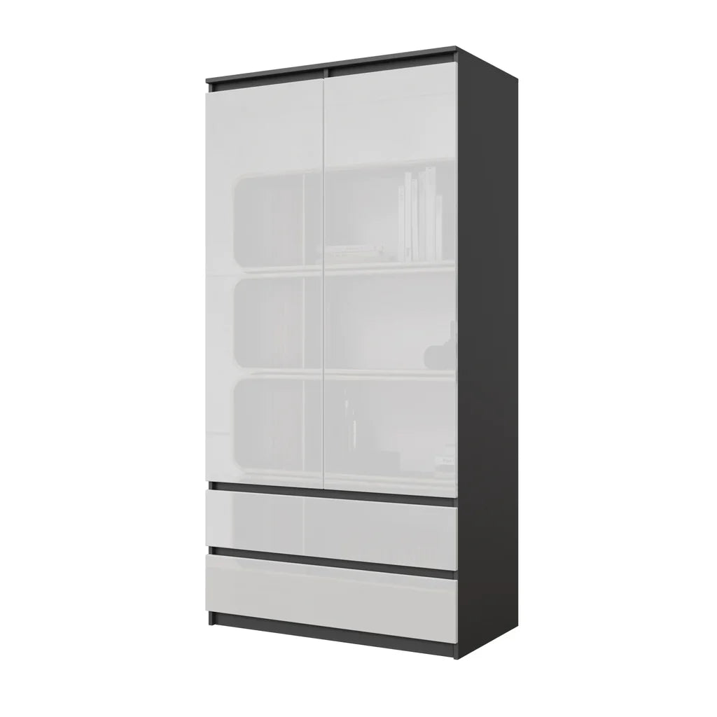 JOELLE - Skriňa s dvomi dverami a dvoma zásuvkami - Antracit / Biely lesk - V180cm Š90cm H50cm