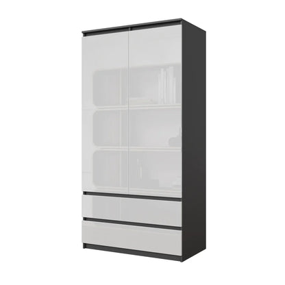 JOELLE - Skriňa s dvomi dverami a dvoma zásuvkami - Antracit / Biely lesk - V180cm Š90cm H50cm